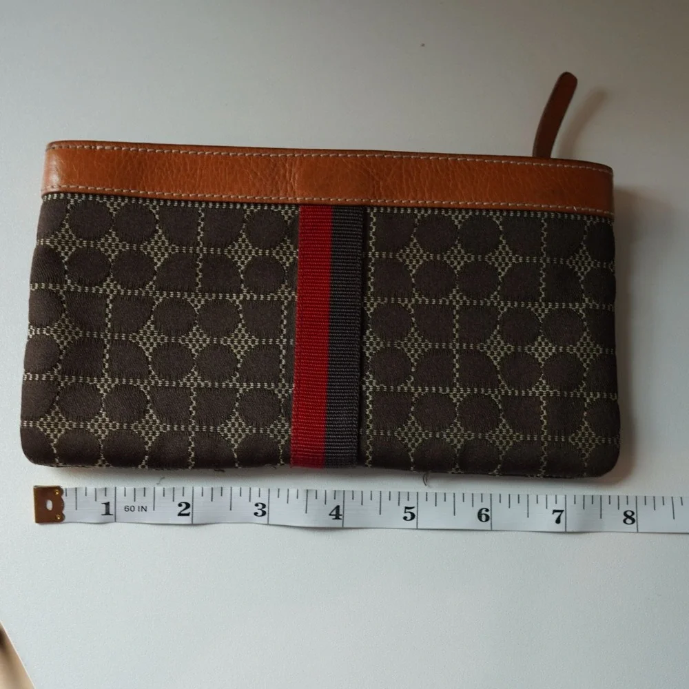 Kate Spade Wristlet Leather Trimmed Printed Tile Weaved‎ Fabric Brown Tan